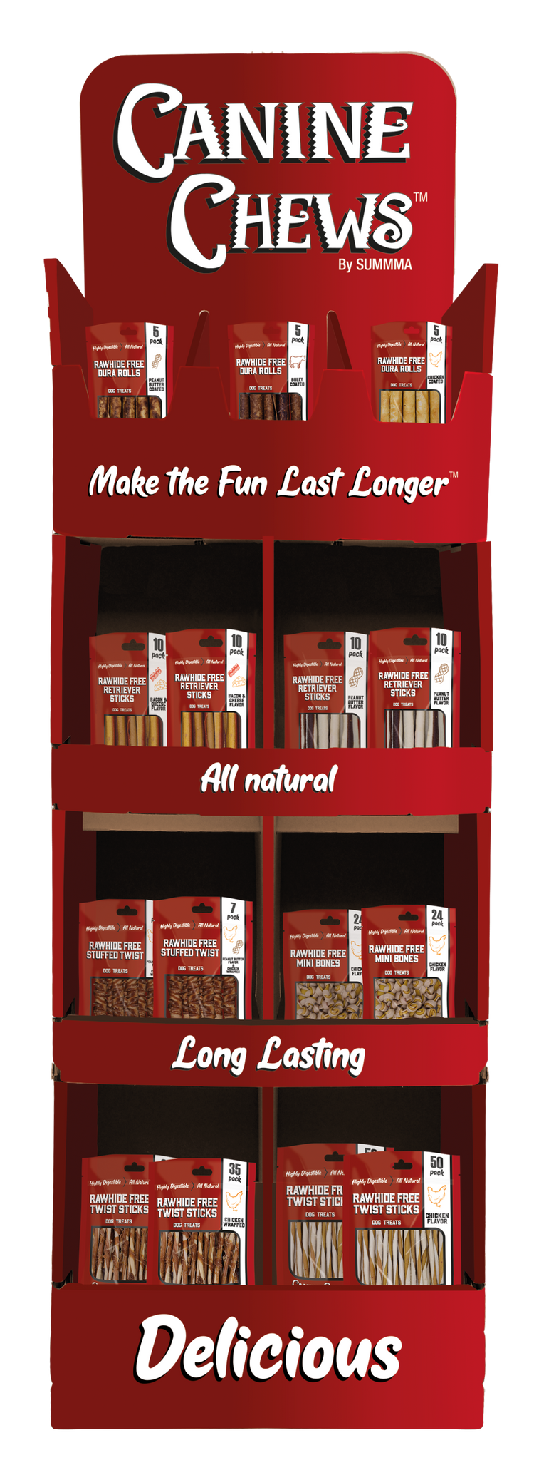 <p>1. Rawhide Free Floor Display:</p><p> <em>Perfect for customers looking for digestible, rawhide-free options.</em></p>