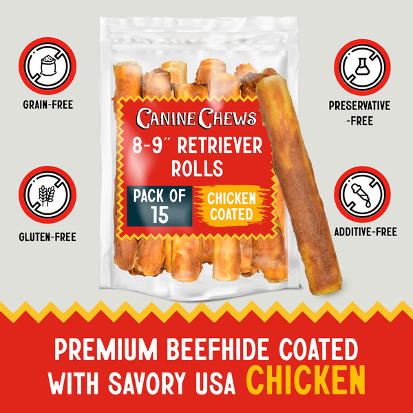 Long-Lasting Chewing Fun for Large Dogs: Canine Chews 8-9" Chicken Coated Rawhide Rolls