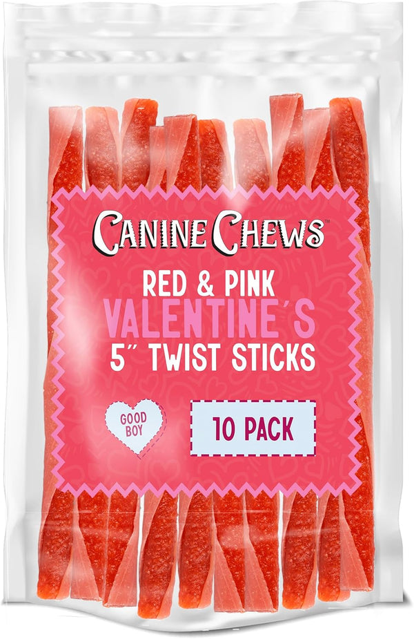 Canine Chews Red & Pink Twist Stick Valentine Dog Treats – Candy Apple Flavor, Rawhide-Free, Grain-Free (Pack of 10)