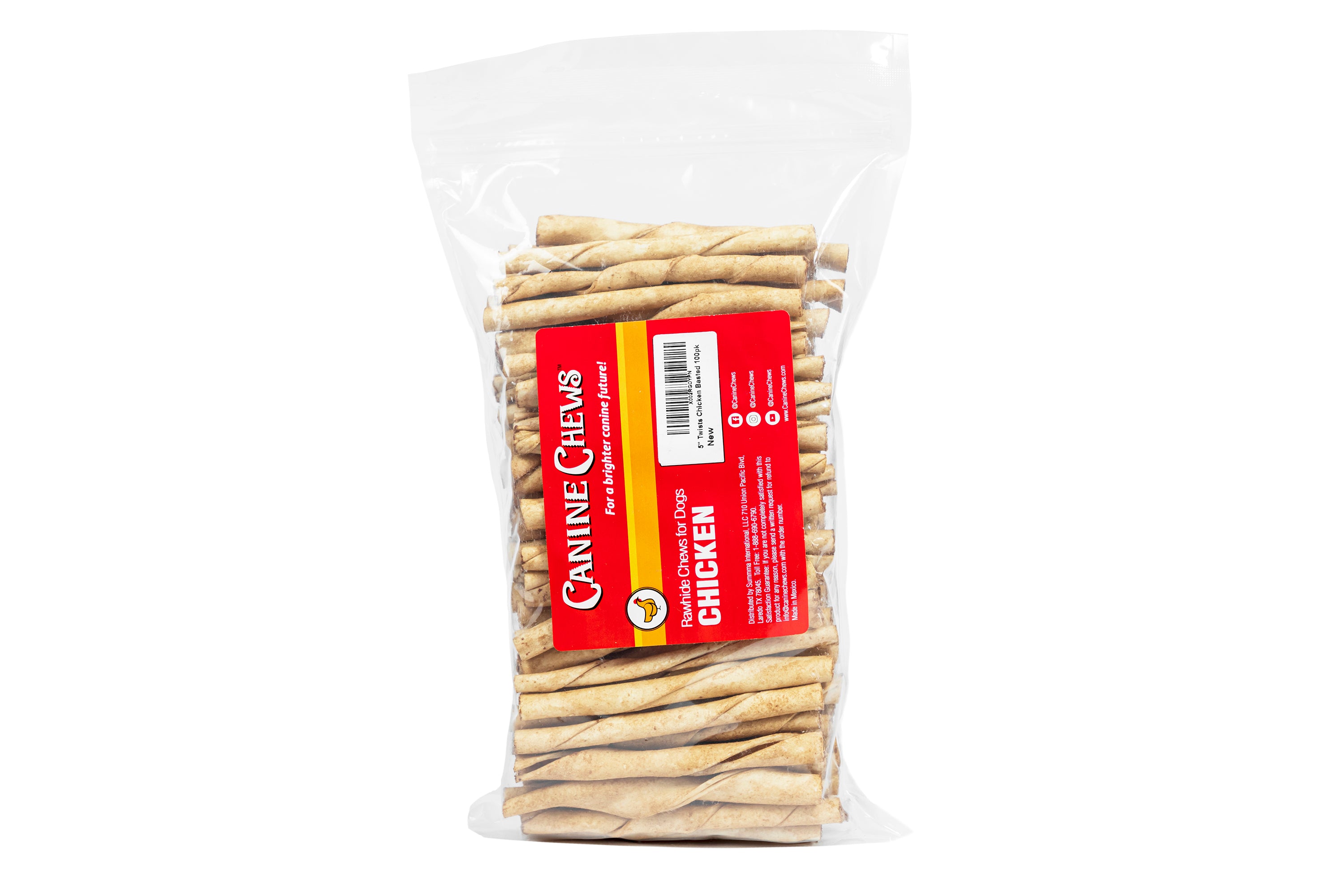 Canine Chews 5" Chicken Flavor Rawhide Stick Twists Long Lasting Dental Dog Treats (100 Pack)