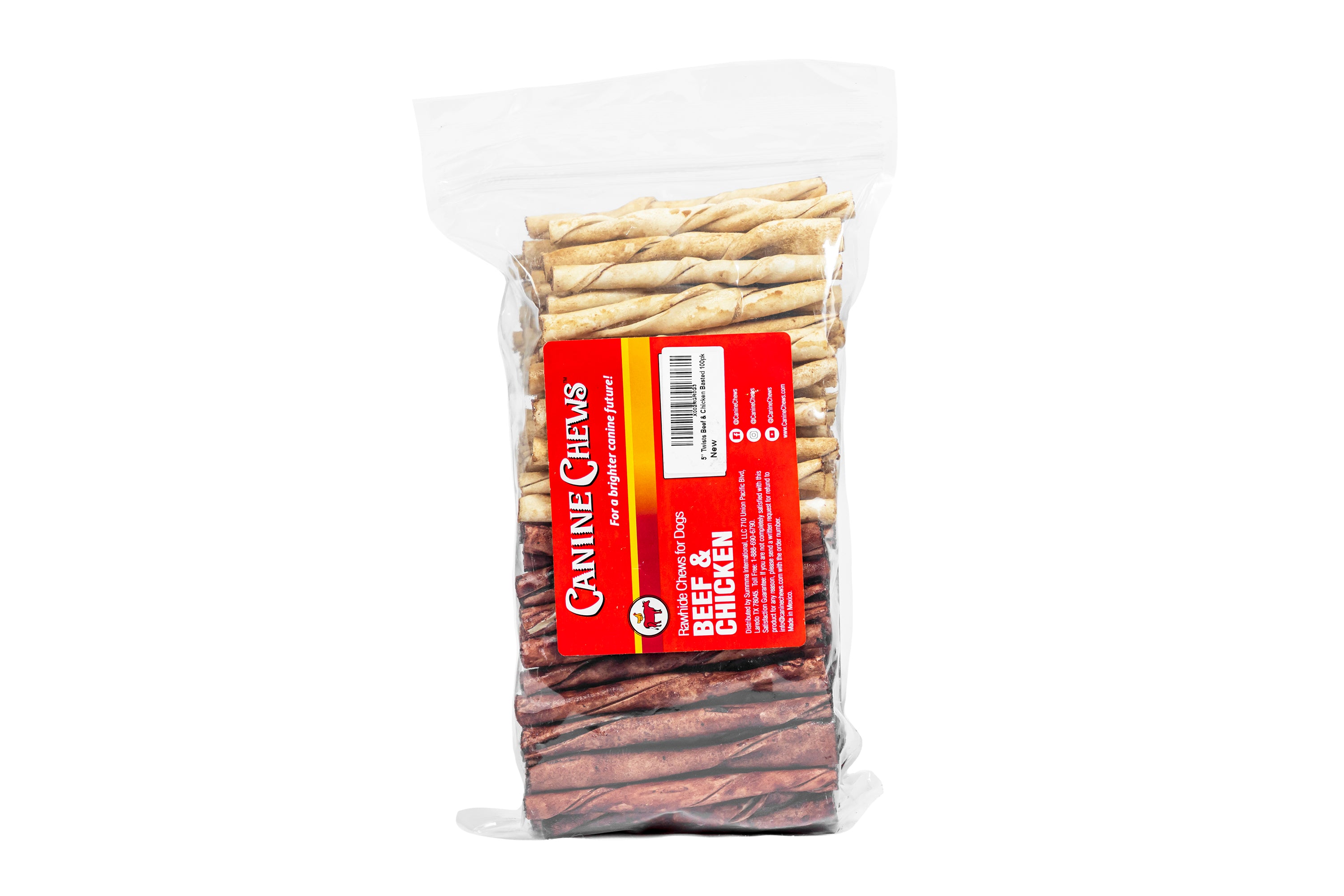 Canine Chews 5" Beef and Chicken Flavor Rawhide Stick Twists Long Lasting Dental Dog Treats